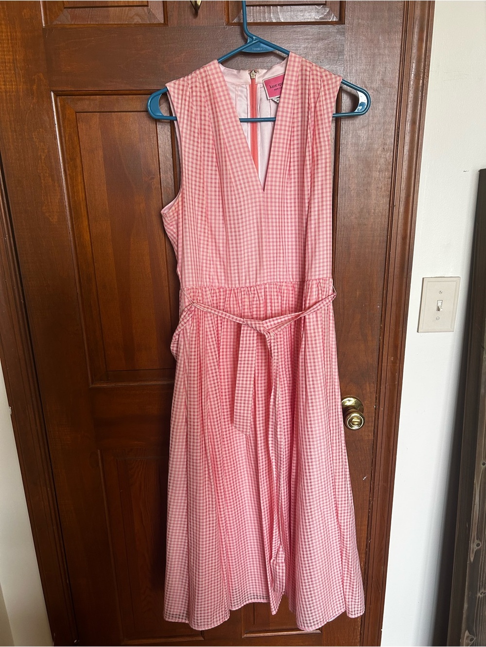 kate spade Pink Gingham Sleeveless V-Neck Tie-Waist Midi Dress - Picture 2 of 5